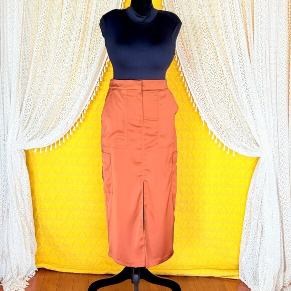 House of Harlow Brown Satin Cargo Midi Skirt Size Small - Picture 4 of 16